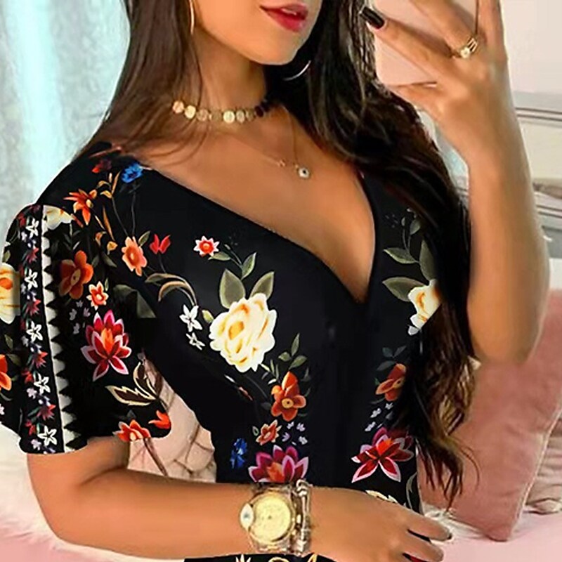 flowersverse Women's Bodycon Sheath Dress Mini Dress Black Short Sleeve Floral Print Spring Summer V Neck Stylish S M L XL XXL