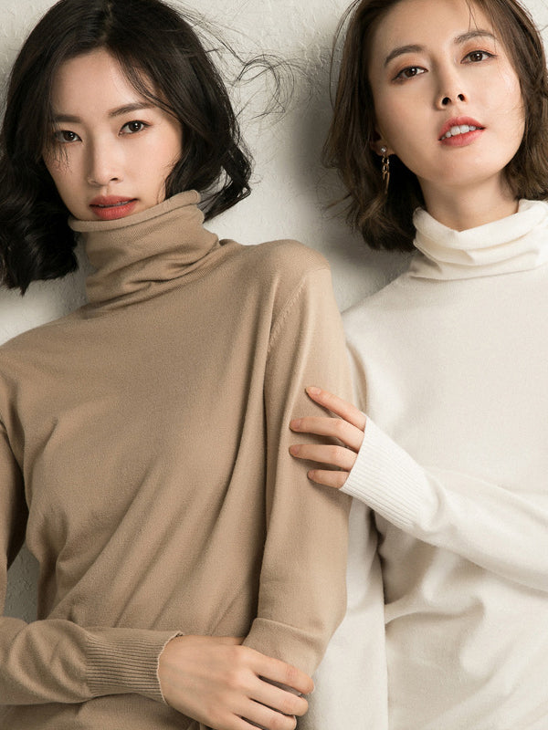 flowersverse Simple Loose Long Sleeves Solid Color High-Neck Sweater Tops
