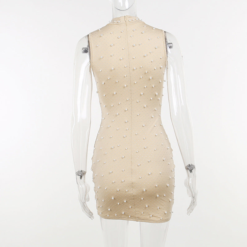 flowersverse Half-High Collar Mesh Beaded Slim Sexy Bodycon Dress