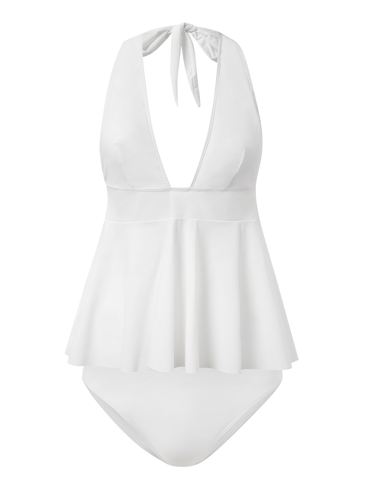flowersverse Vacation Plain V Neck Flouncing Tankinis Two-Piece Set