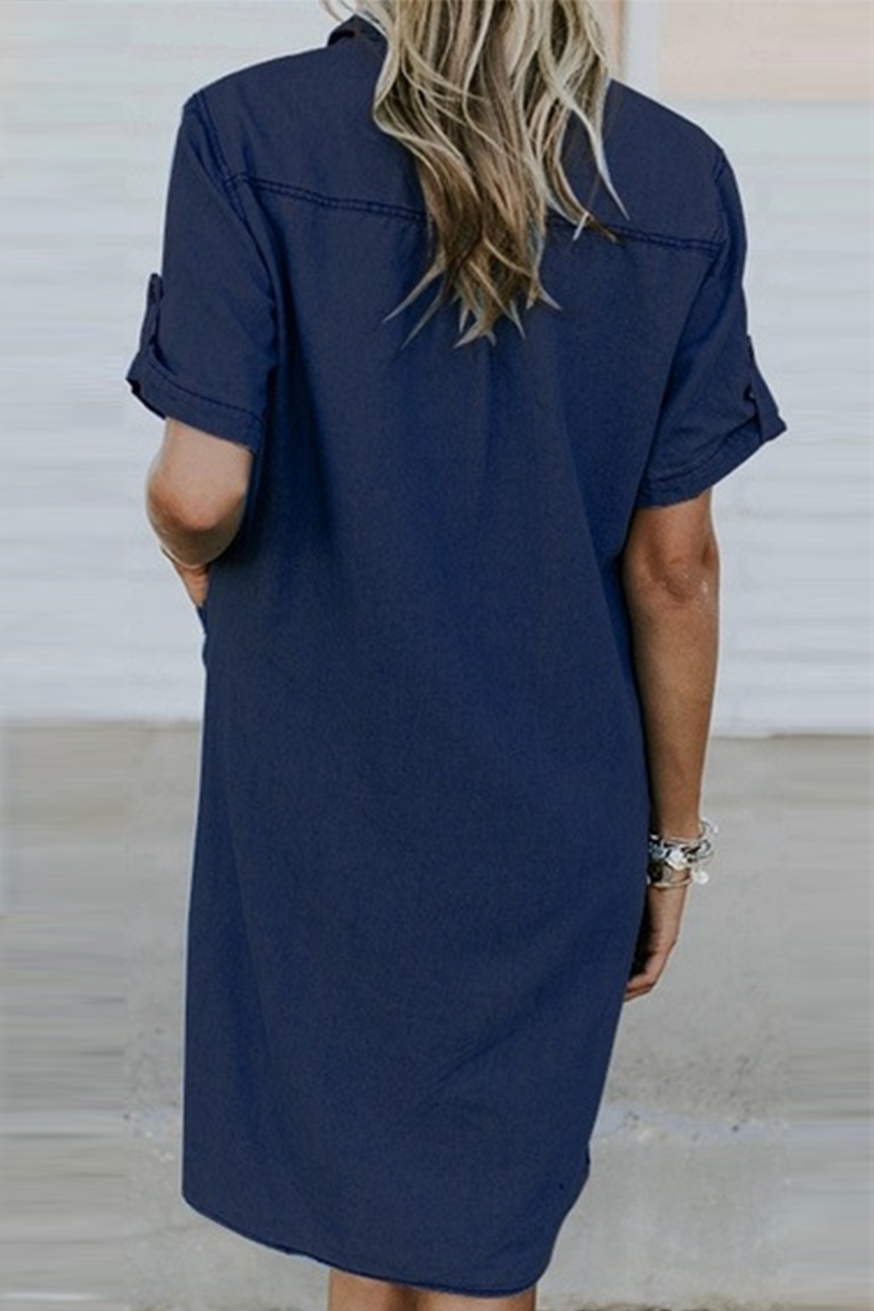 flowersverse Casual Pocket Buckle Turndown Collar Dresses