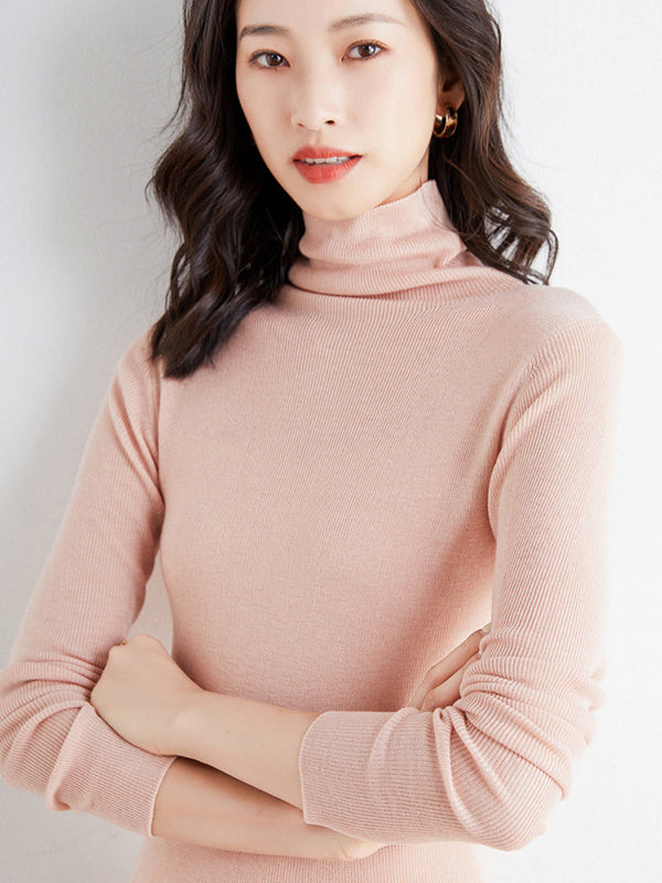flowersverse Simple Skinny Long Sleeves Solid Color High-Neck Sweater Tops Pullovers