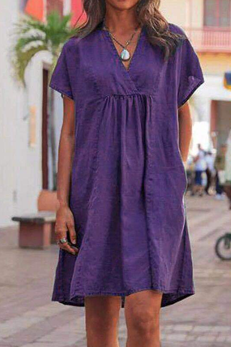 flowersverse Casual Solid Patchwork V Neck Straight Dresses(5 Colors)