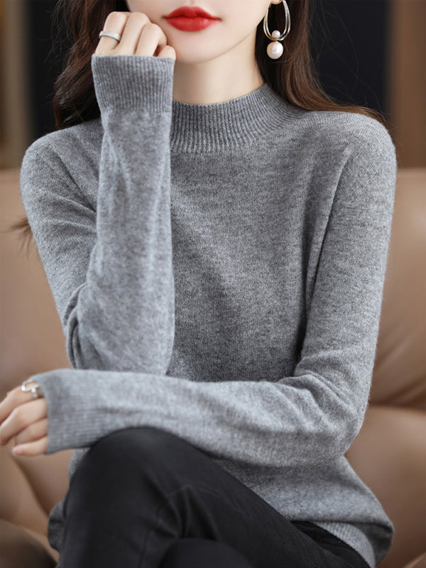 flowersverse Casual Long Sleeves Solid Color Half Turtleneck Sweater Tops
