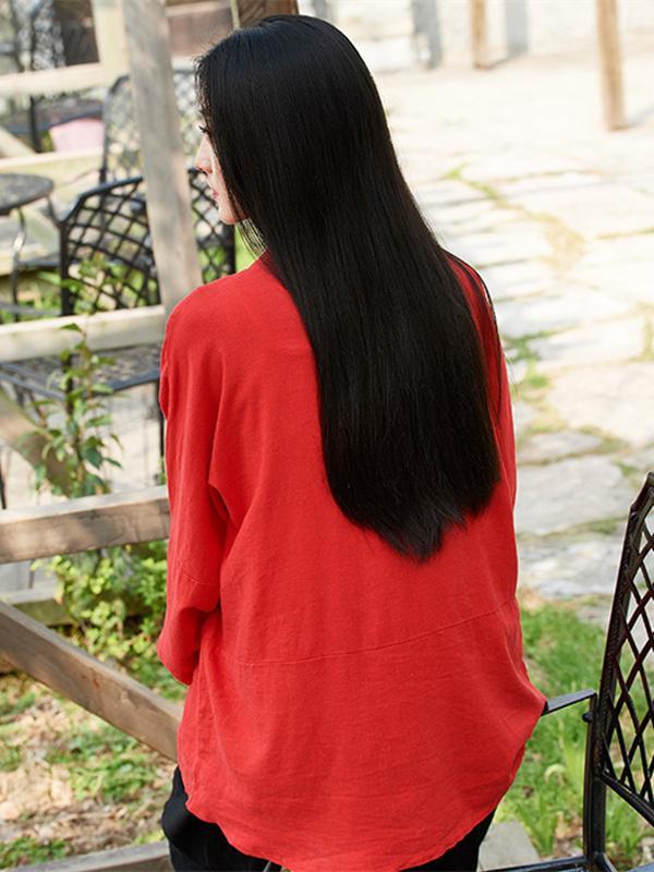 flowersverse Soft Red Ramie Cotton Blouse Outwear