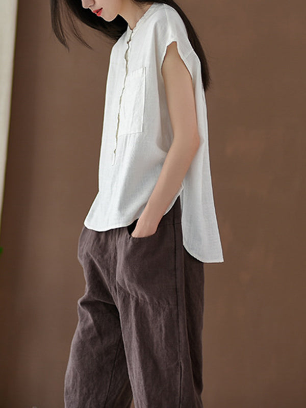 flowersverse Solid Color Cap Sleeve High-Low Stand Collar Blouses&Shirts Tops