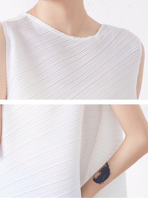 flowersverse Simple Loose Sleeveless Pleated Asymmetric Solid Color Round-Neck Vest Top