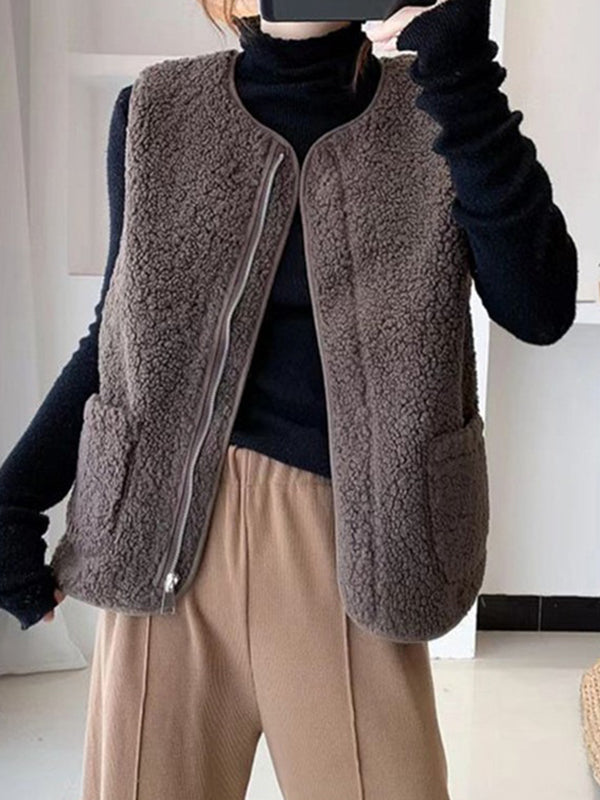 flowersverse Split-Joint Velvet Loose Sleeveless Round-neck Vest Outerwear