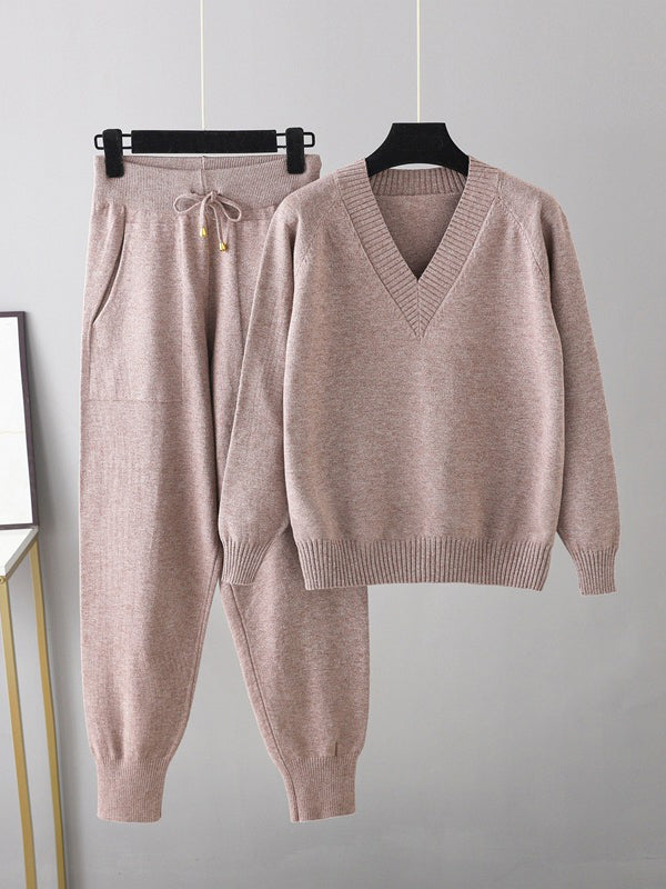 flowersverse Casual Loose Harem Pants Solid Color V-Neck Sweater Tops Pants Two Pieces Set
