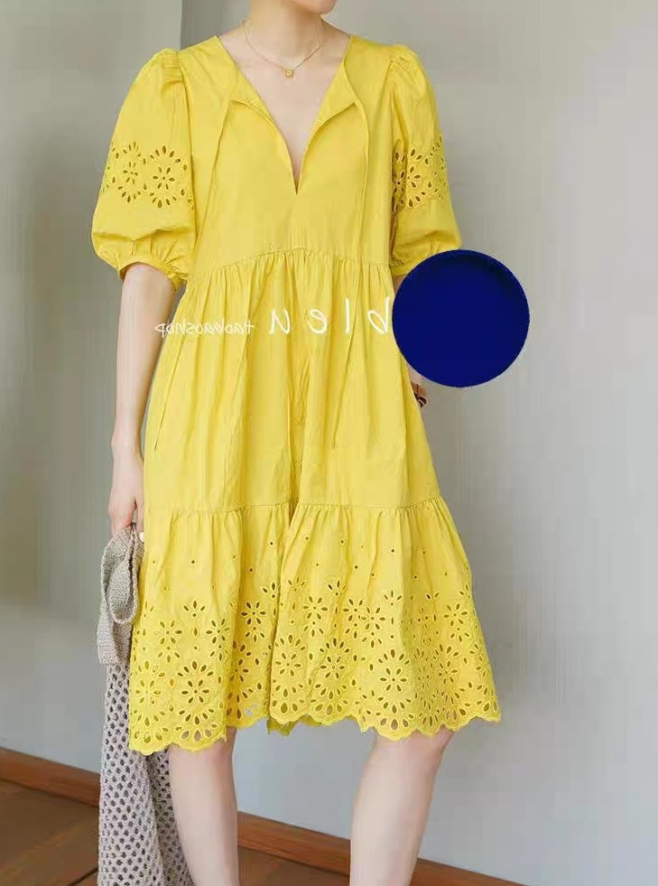 flowersverse Loose Vacation Polyester Cotton V Neck Dress