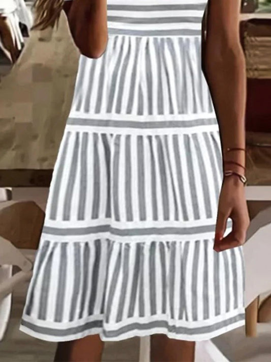 flowersverse V Neck Striped Casual Short Sleeve A-Line Dress