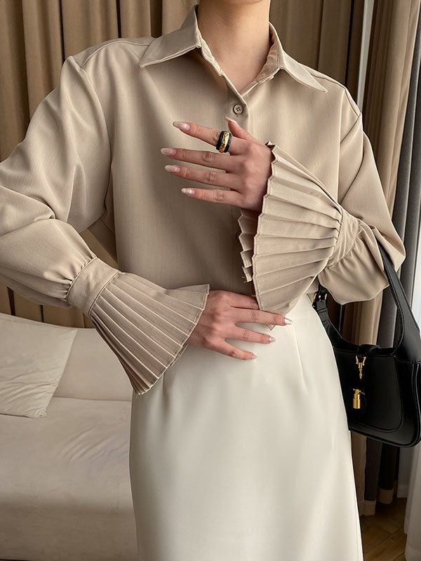flowersverse Solid Color Flared Sleeves Lapel Blouses&Shirts Tops