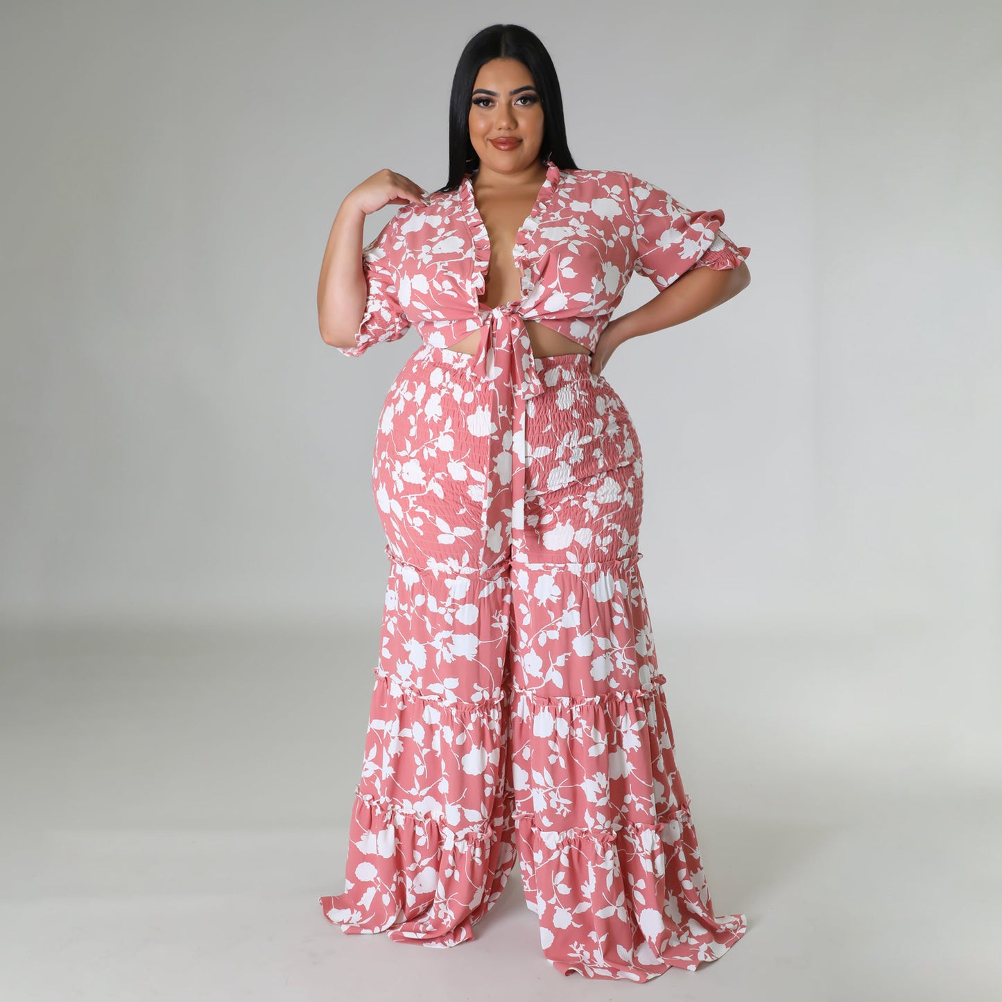 flowersverse Women's Lace-Up Printed Two-Piece Suit Wide Leg Pants Plus Size