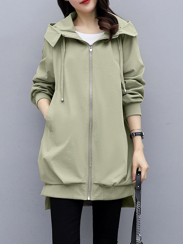 flowersverse Casual Loose 4 Colors Pleated Zipper Hooded Long Sleeves Outwear