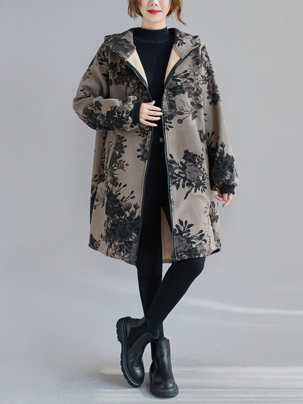 flowersverse Artistic Retro Loose Floral Printed Hooded Long Sleeves Outwear