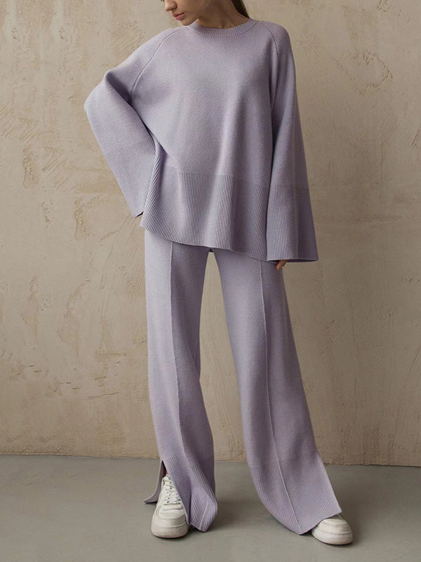 flowersverse Casual Long Sleeves Loose Solid Color Round-Neck Sweater Tops & Wide Leg Pants Two Pieces Set