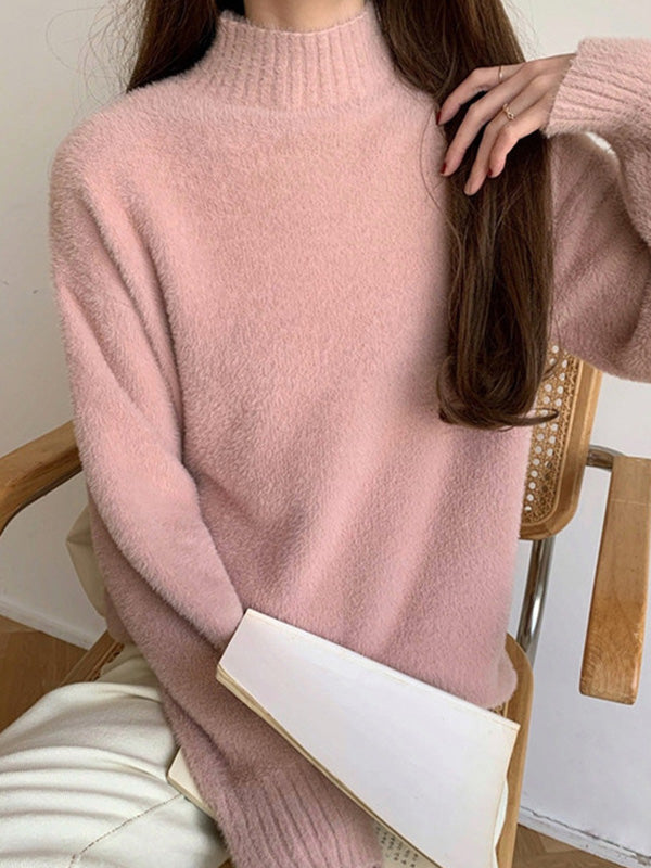 flowersverse Solid Color Long Sleeves Loose Mock Neck Sweater Tops Pullovers