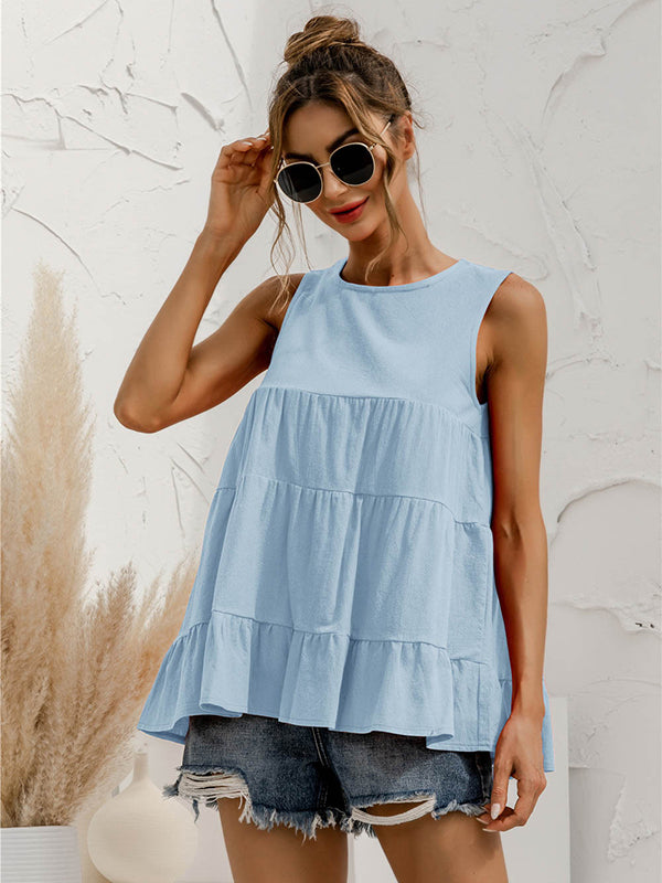 flowersverse Casual Loose Sleeveless Split-Joint Solid Color Round-Neck Vest Top