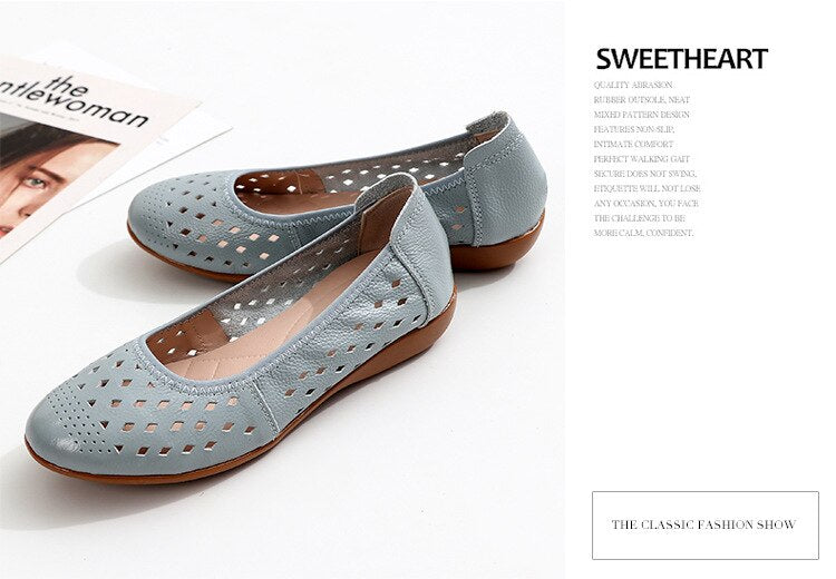 flowersverse Spring Genuine Leather Flat Summer Shoes Women Casual Hollow Breathable Soft Bottom Ladies Flats Plus Size 35-43