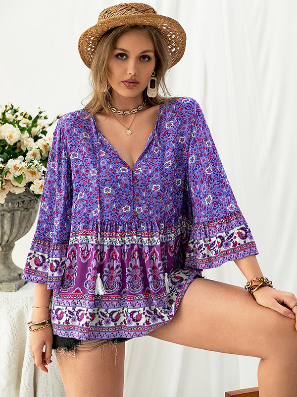 flowersverse Vacation Loose Floral Printed V-Neck T-Shirt Top