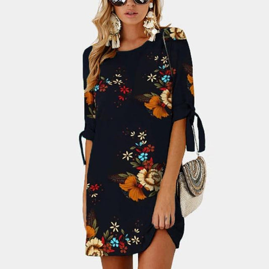 flowersverse Women Chiffon Floral Print Mini Dress Boho Beach Half Sleeve Elegant Dress Black Dresses