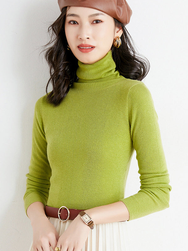 flowersverse Simple Skinny Long Sleeves Solid Color High-Neck Sweater Tops Pullovers