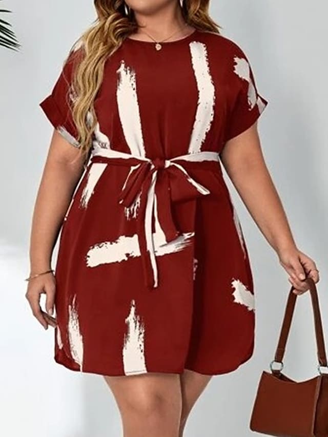 flowersverse Women's Plus Size Casual Dress Color Block Midi Dress Short Sleeve Lace up Print Crew Neck Fashion Outdoor Wine Summer Spring L XL XXL 3XL 4XL