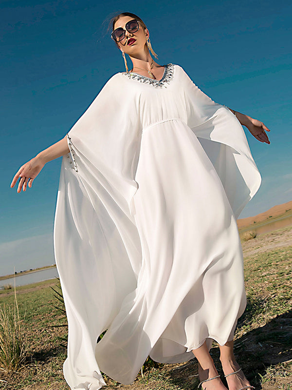 flowersverse White V-Neck Evening Dress