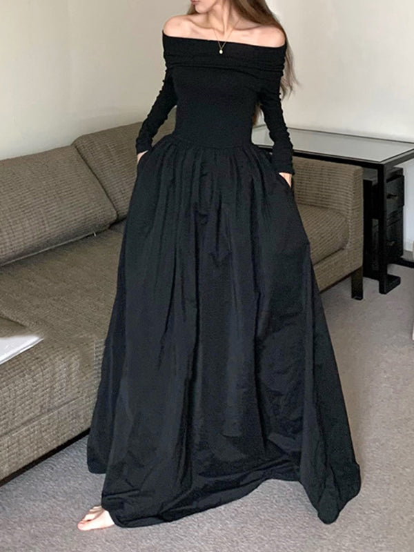 flowersverse Long Sleeves Pleated Solid Color Split-Joint Off-The-Shoulder Maxi Dresses