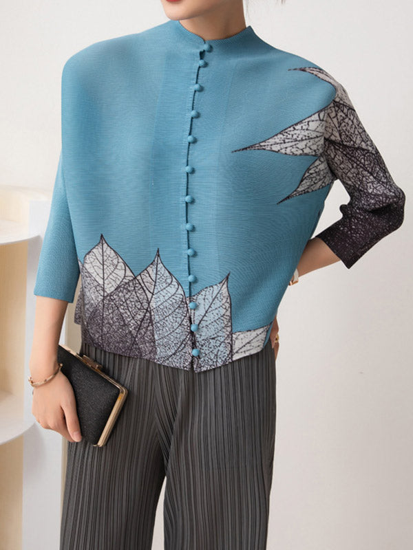 flowersverse Buttoned Leaves Print Long Sleeves Loose Round-Neck Outerwear