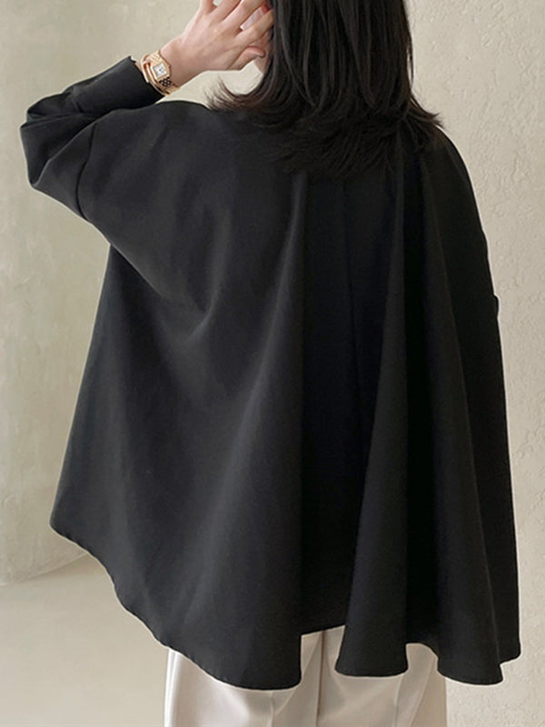 flowersverse Buttoned Solid Color Long Sleeves Loose Lapel Blouses&Shirts Tops
