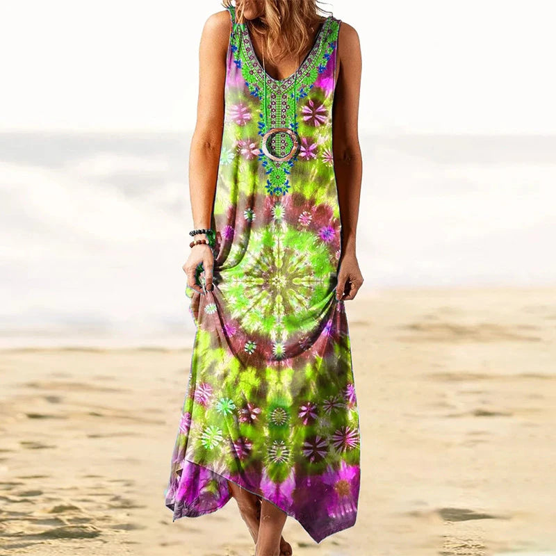 flowersverse Cotton-Blend Boho V Neck A-Line Dresses