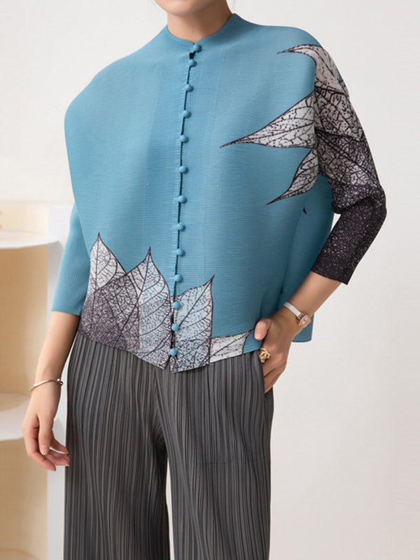 flowersverse Buttoned Leaves Print Long Sleeves Loose Round-Neck Outerwear