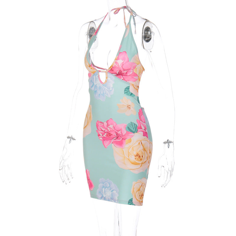 flowersverse Women's Summer Lace-Up Halter Neck Sexy Low Back Print Bodycon Dress Women