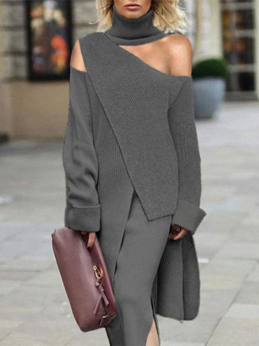 flowersverse Irregularity Solid Color Split-Front Cold Shoulder Sweater Tops& Skirts Two Pieces Set