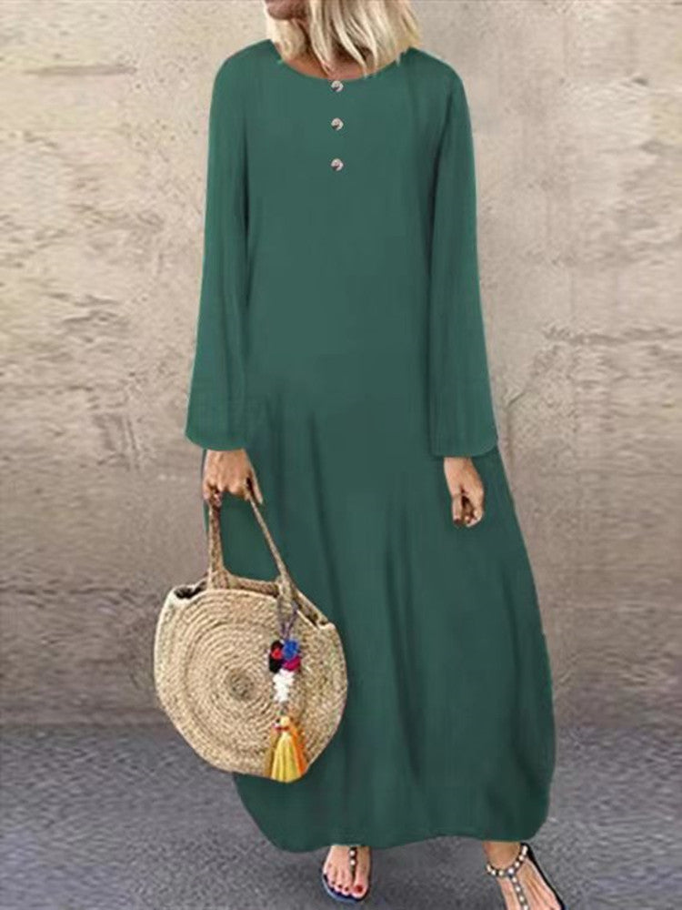 flowersverse Solid Colour Button Down Cotton Linen Long Sleeve Casual Dress