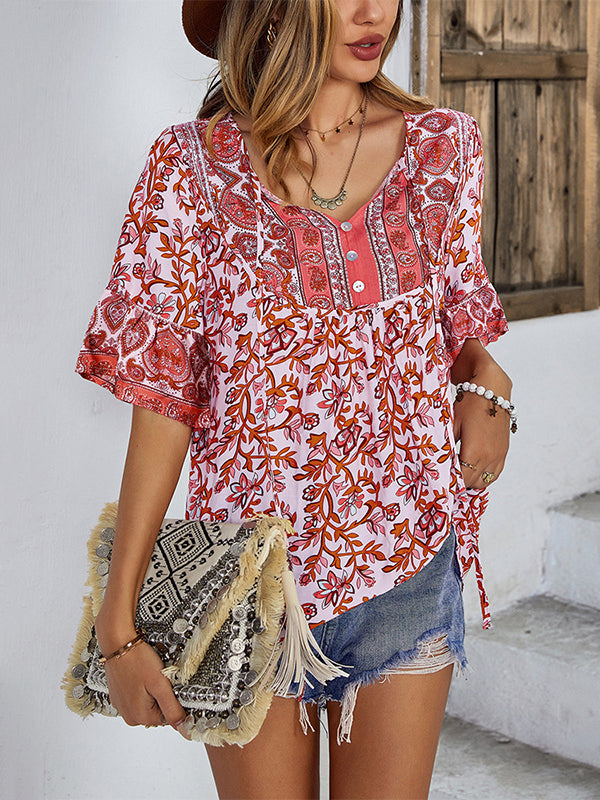 flowersverse Vacation Half Sleeves Loose Floral Printed V-Neck T-Shirt Top