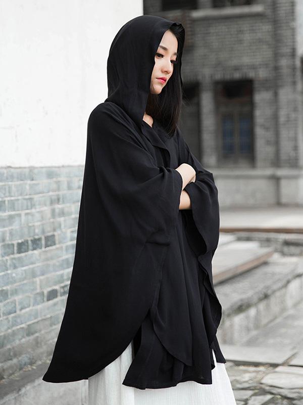flowersverse Simple Solid Loose Batwing Sleeve Hood Cape