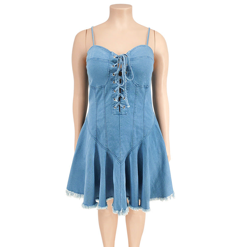flowersverse Plus Size Women's Spring Sexy Sleeveless Denim Dress