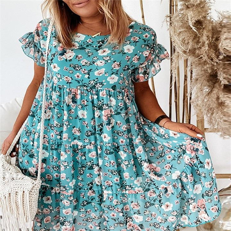 flowersverse Floral Print Short-sleeved Loose Dress