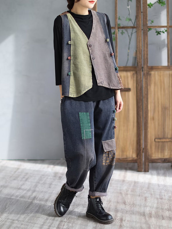 flowersverse Loose Split-Joint V-Neck Vest Top + Jean Harem Pants Bottoms Two Pieces Set