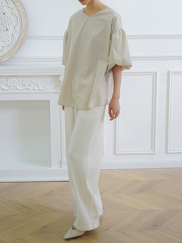 flowersverse Solid Color Half Sleeves Loose V-Neck Blouses&Shirts Tops