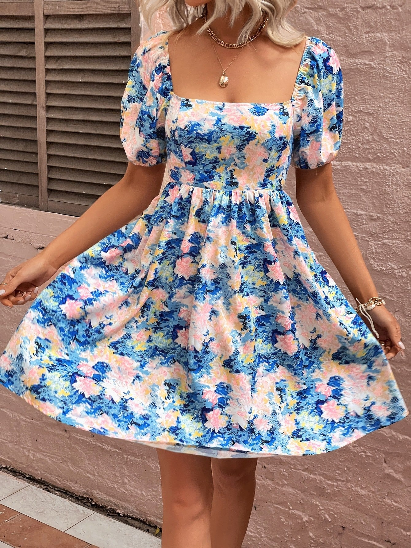 flowersverse Floral Square Neck Puff Sleeve Dress