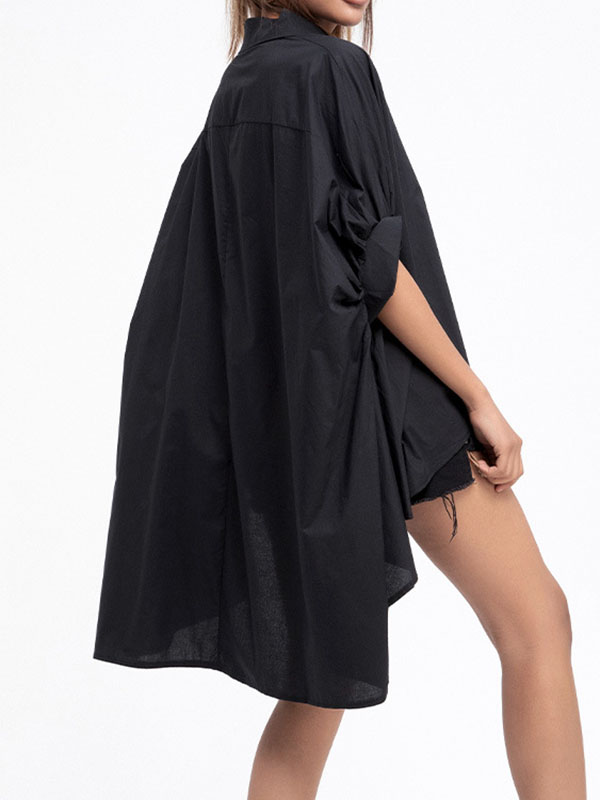 flowersverse Solid Color Batwing Sleeves High-Low Lapel Blouses&Shirts Tops