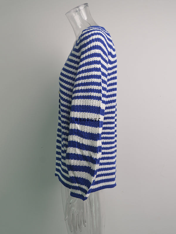 flowersverse Casual Loose Long Sleeves Striped V-Neck Cardigan Tops