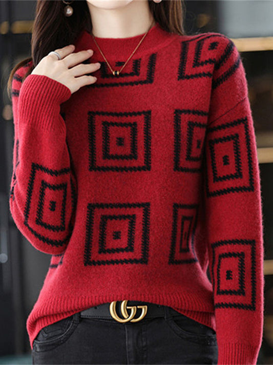 flowersverse Casual Long Sleeves Loose Contrast Color Plaid Stand Collar Sweater Tops