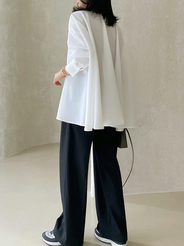 flowersverse Buttoned Solid Color Long Sleeves Loose Lapel Blouses&Shirts Tops