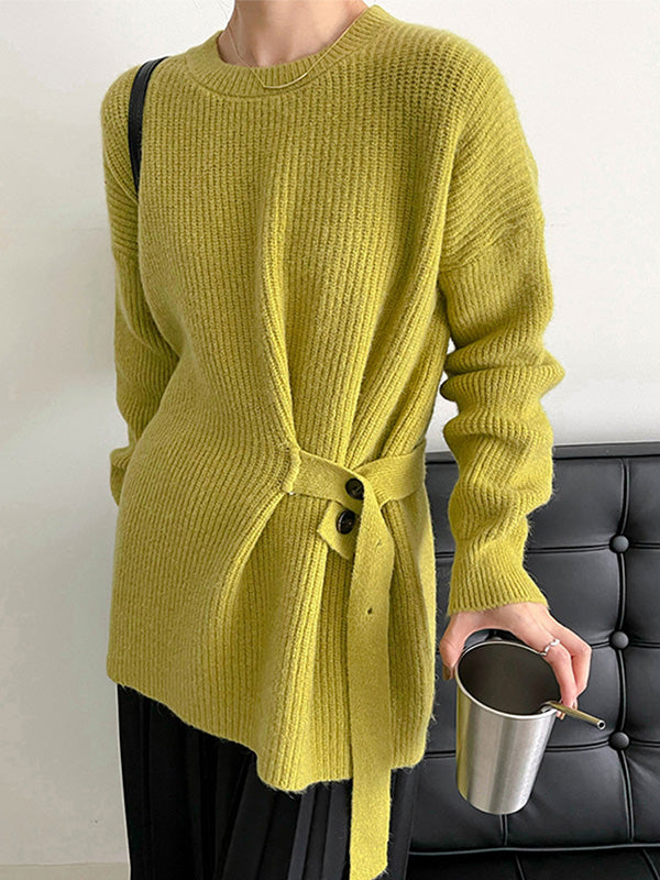flowersverse Casual Long Sleeves Loose Solid Color Round-Neck Sweater Tops