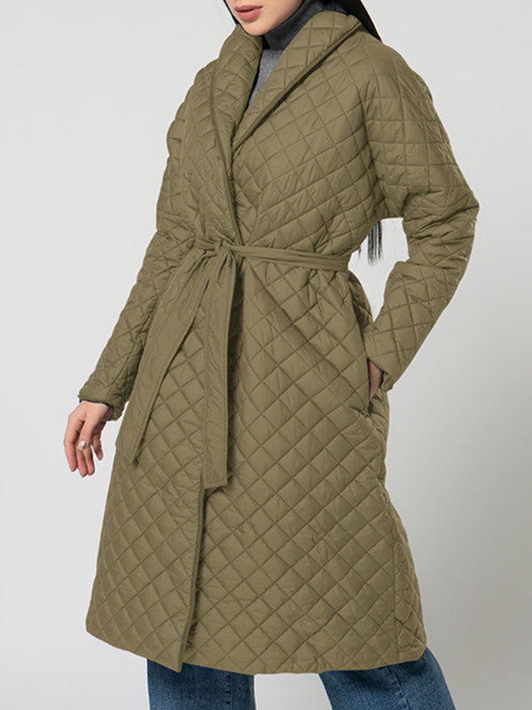 flowersverse Rhombic Solid Color Tied Waist Long Sleeves Loose Lapel Padded Coat