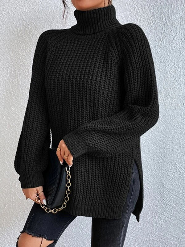 flowersverse Solid Color Split-side Long Sleeves Loose High Neck Sweater Tops Pullovers